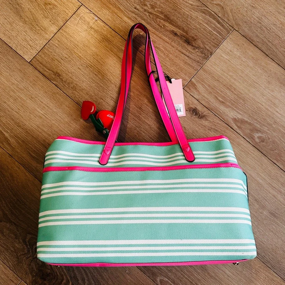 Juicy Couture Paradise Tote Retro Green Striped Canvas Bag Pink Trim NEW